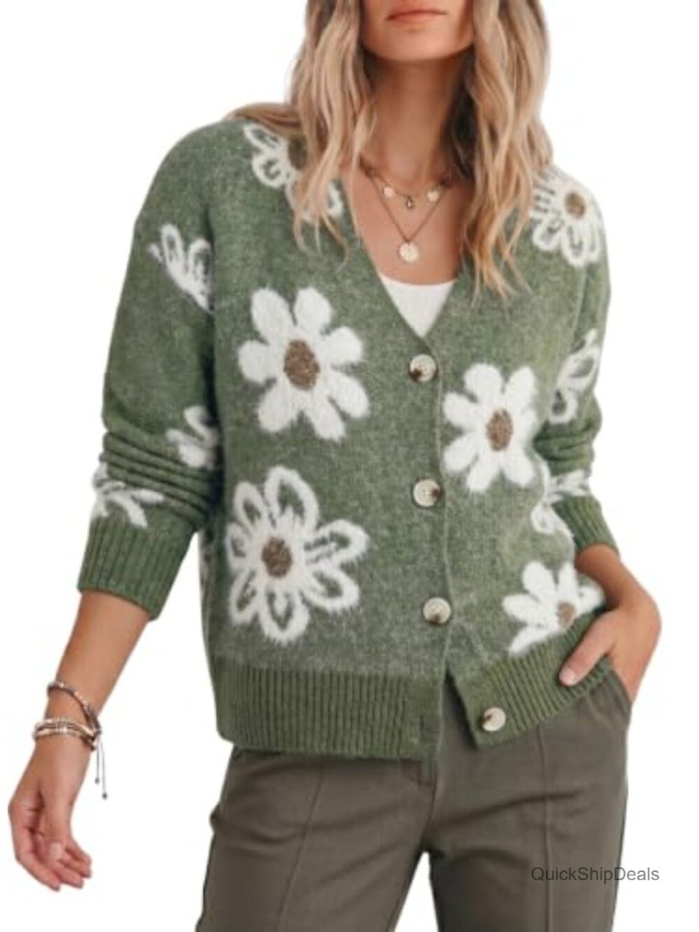 Women's Fuzzy Floral Knit Open Front Cardigan Sweater